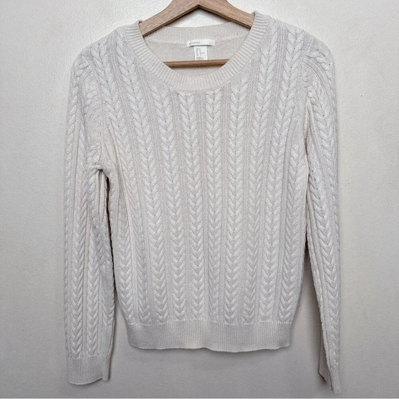 H&M  Basic Womens Medium Cable Light Cotton Crew Neck Sweater In Ivory - Picture 3 of 14